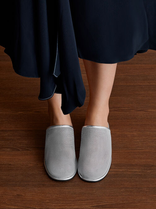 Mesh High-Vamp Flat Mules, Silver, hi-res