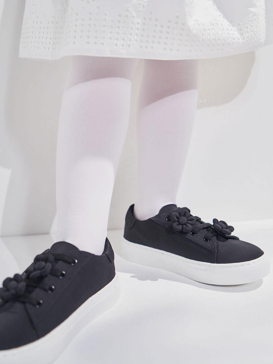 Girls' Flower Embellished Sneakers, Black, hi-res