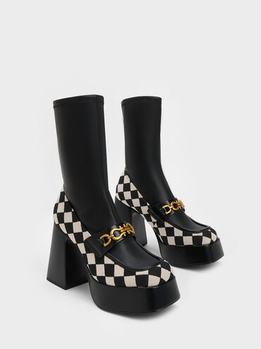 Checkered Metallic Accent Platform Ankle Boots, Multi, hi-res