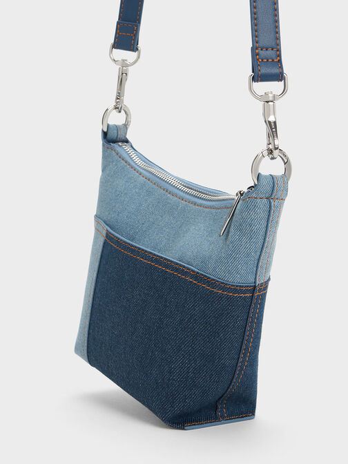 Anthea Denim Contrast-Trim Shoulder Bag, Denim Blue, hi-res