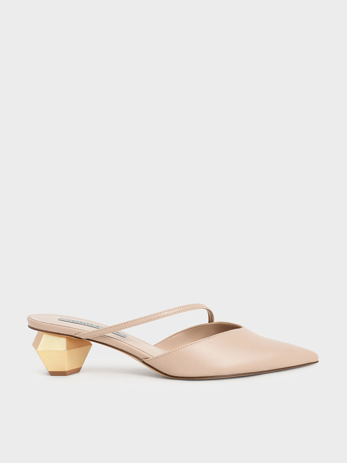 Asymmetric Strap Chrome Heel Mules Light Pink