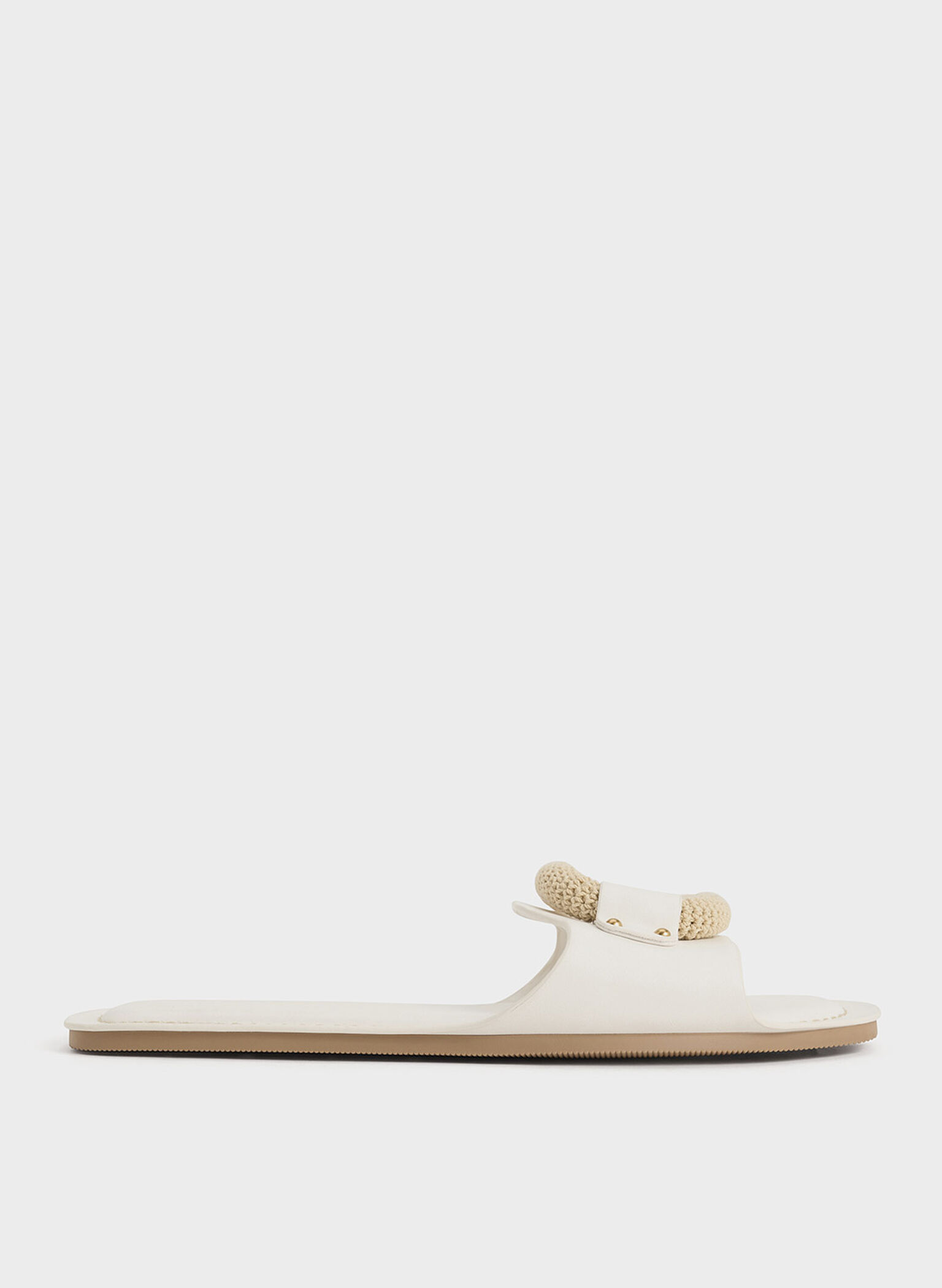 Raffia Ring Slide Sandals, White, hi-res