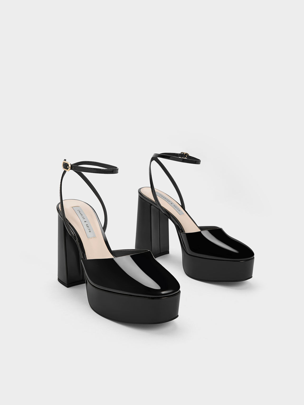 Strappy patent elastane harness chunky platform heel sales