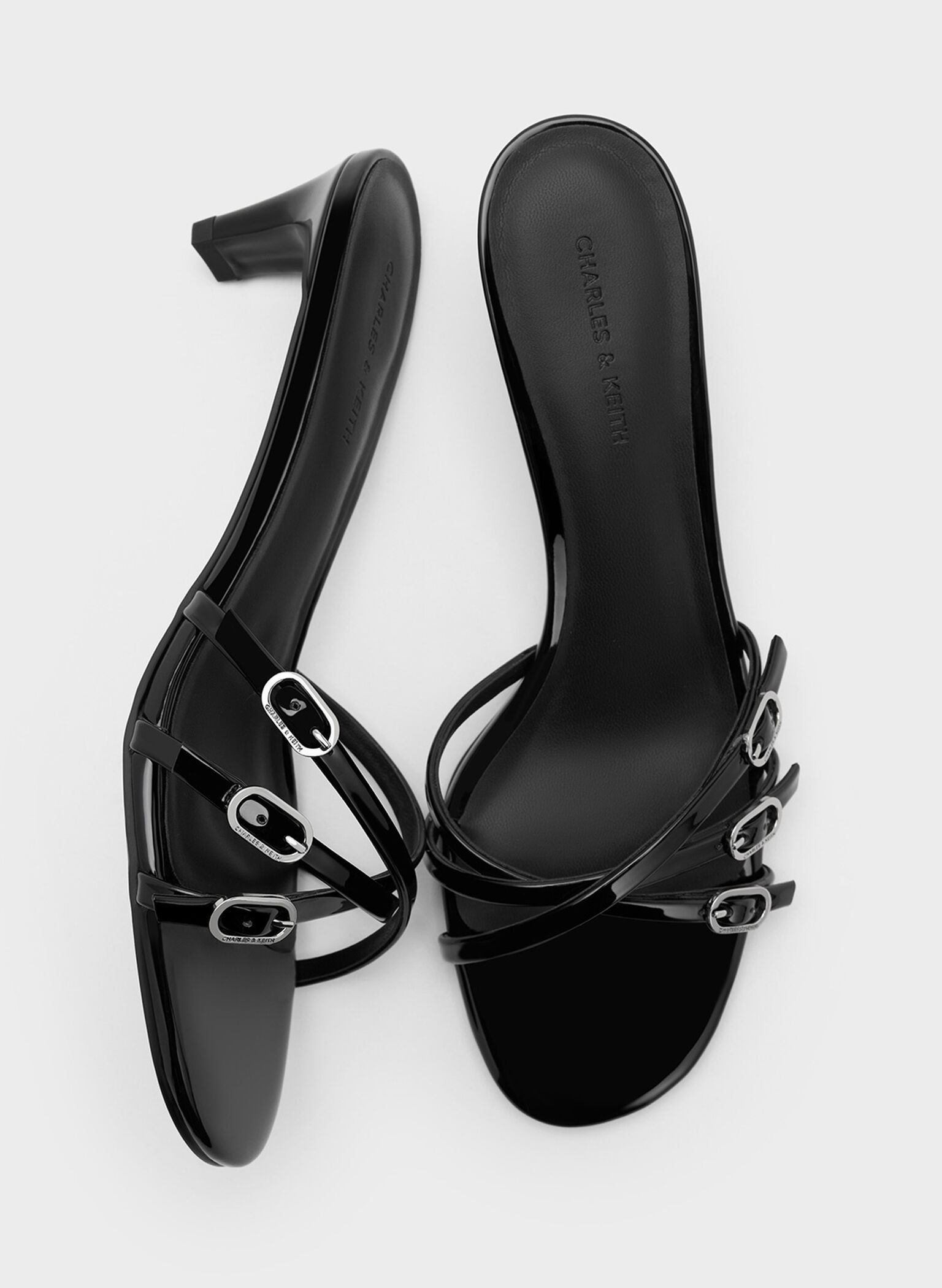 Patent Buckled Strappy Kitten-Heel Mules, Black Patent, hi-res