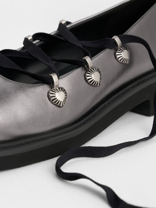 Metallic Heart-Embellished Lace-Up Ballet Flats, Pewter, hi-res