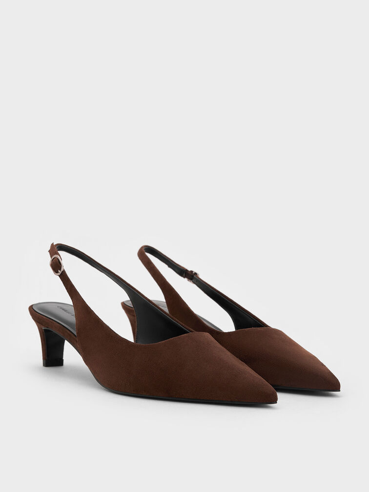 Faux Suede Pointed-Toe Kitten-Heel Slingback Pumps, Dark Brown, hi-res