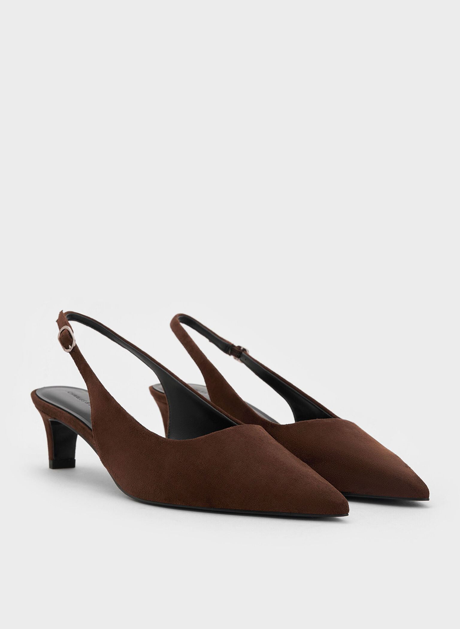 Faux Suede Pointed-Toe Kitten-Heel Slingback Pumps, Dark Brown, hi-res