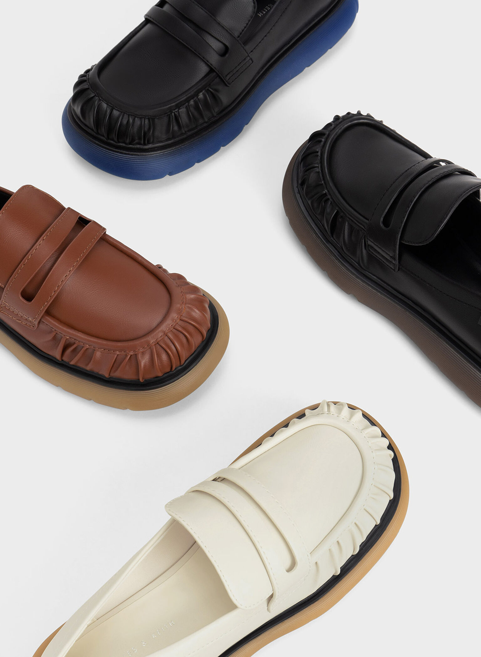 Ruched Ridged-Sole Penny Loafers, Cognac, hi-res