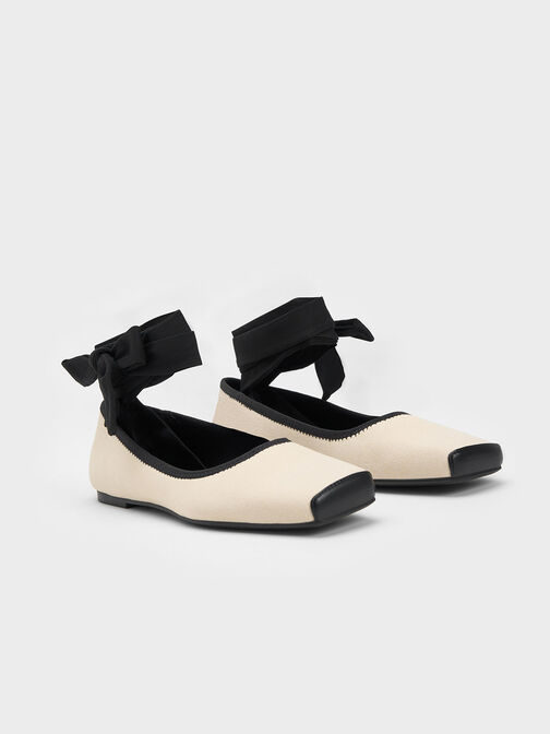 Tie-Around Canvas Ballerina Flats, Black Textured, hi-res