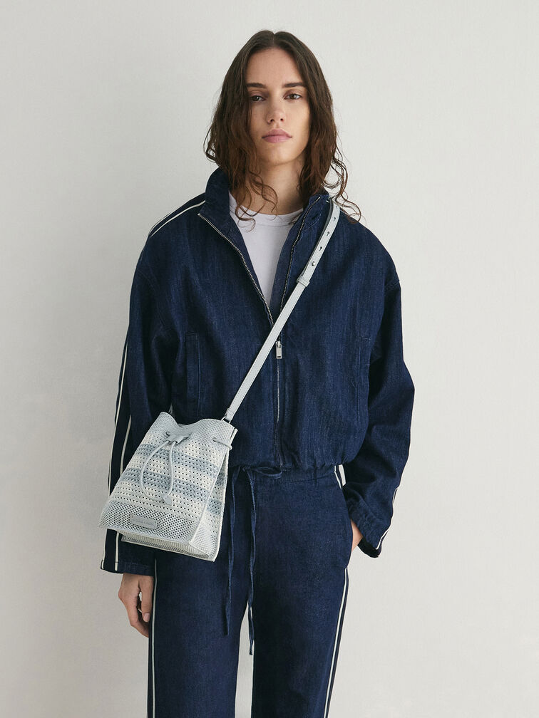 Ida Checkered Knitted Bucket Bag, Sea Salt Blue, hi-res