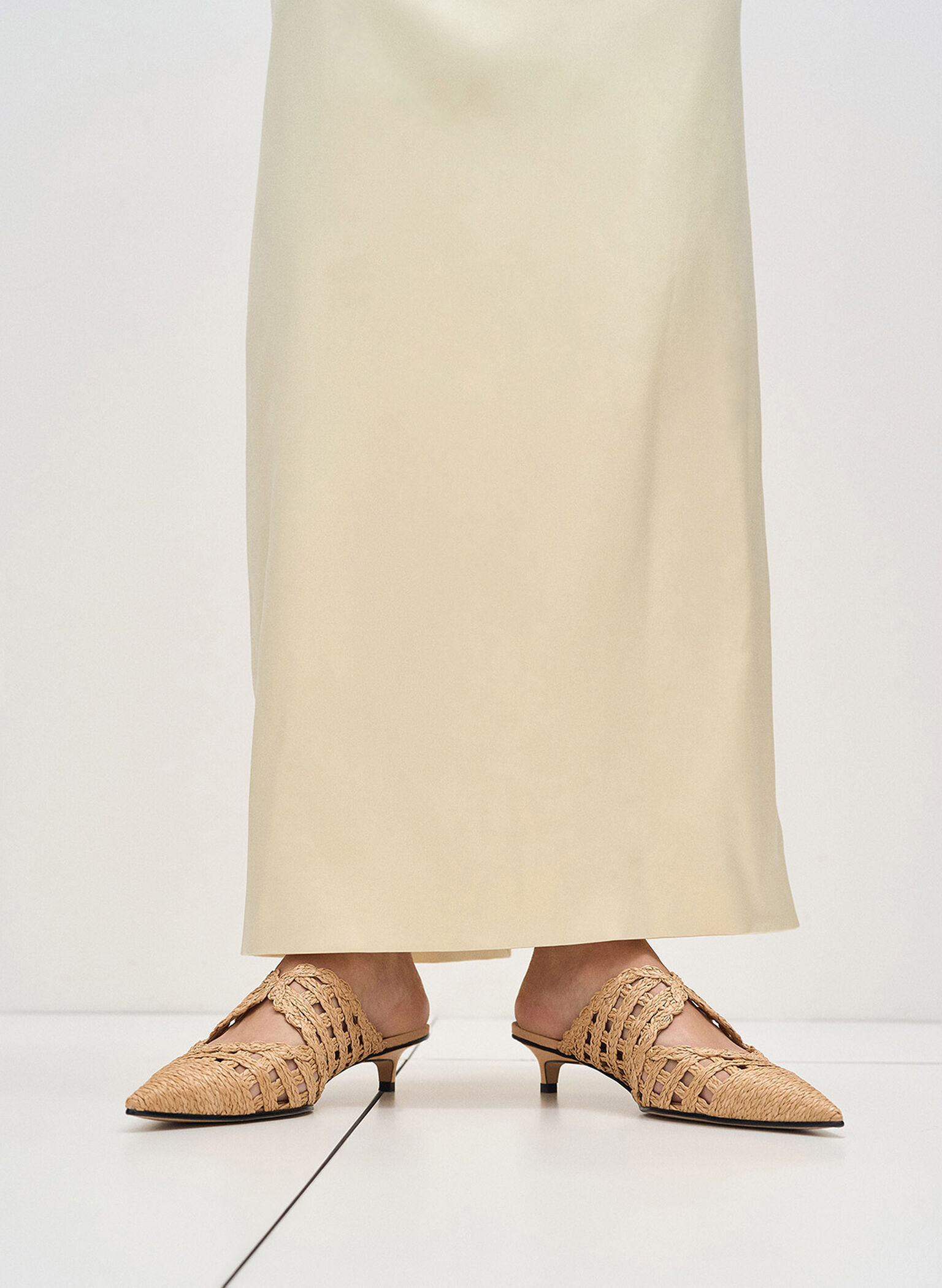 Raffia Kitten-Heel Pointed-Toe Mules, Sand, hi-res