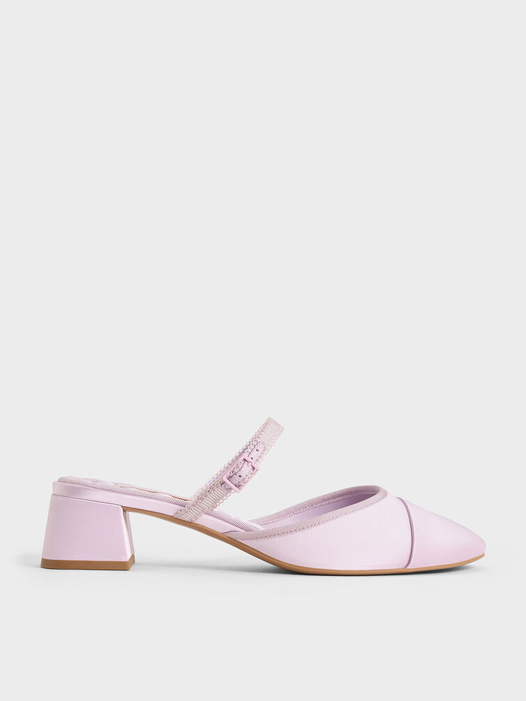 Satin Buckled-Strap Trapeze-Heel Mules, Lilac, hi-res