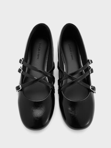 Patent Triple-Strap Crossover Mary Jane Flats, Black Patent, hi-res
