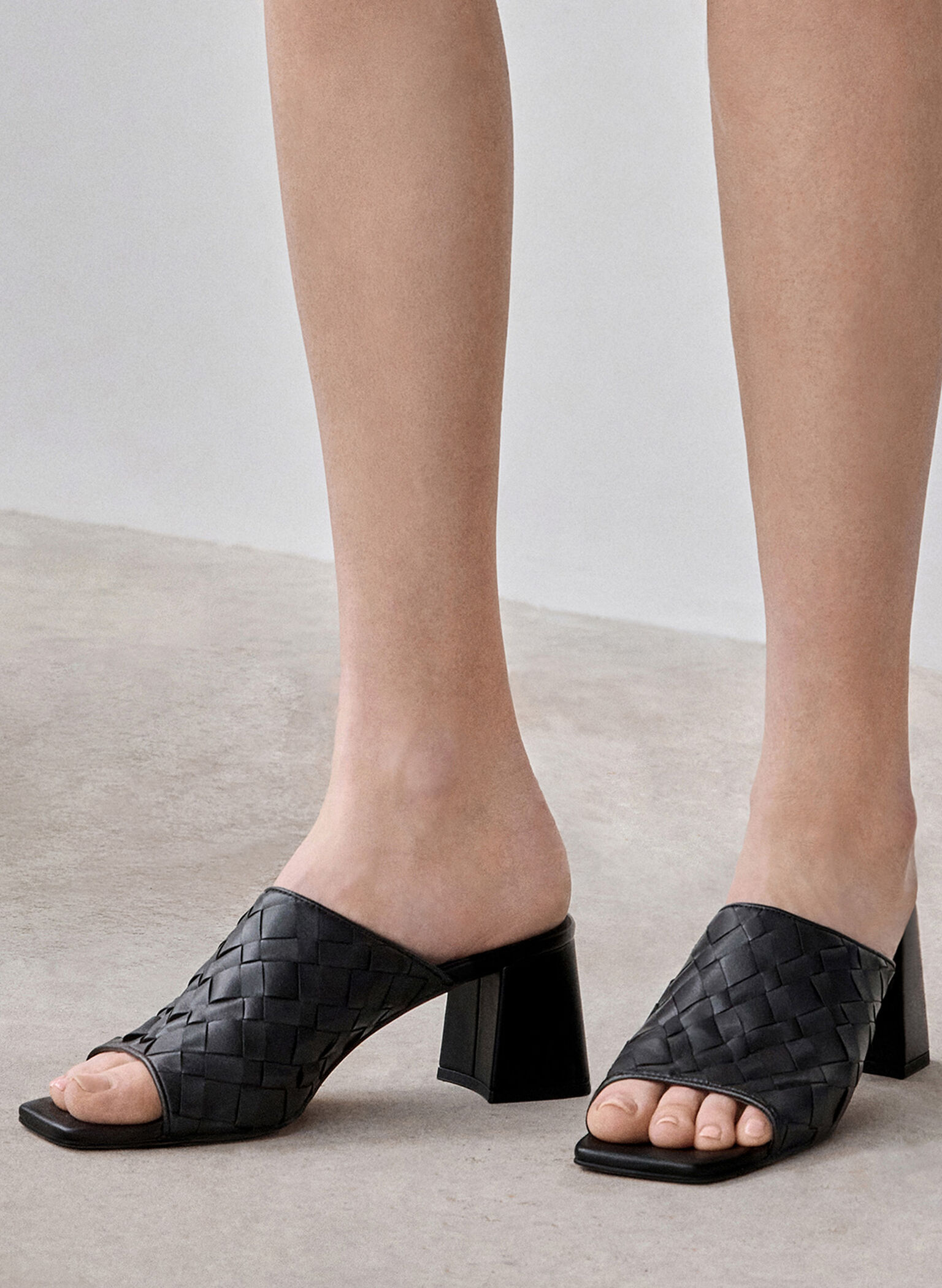 Woven Square-Toe Heeled Mules, Black, hi-res