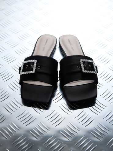 Satin Gem-Buckle Square-Toe Slide Sandals, Black Textured, hi-res