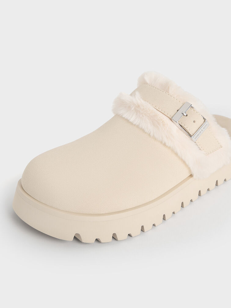 Hannah Textured Fur-Trim Buckled Mules, Beige, hi-res