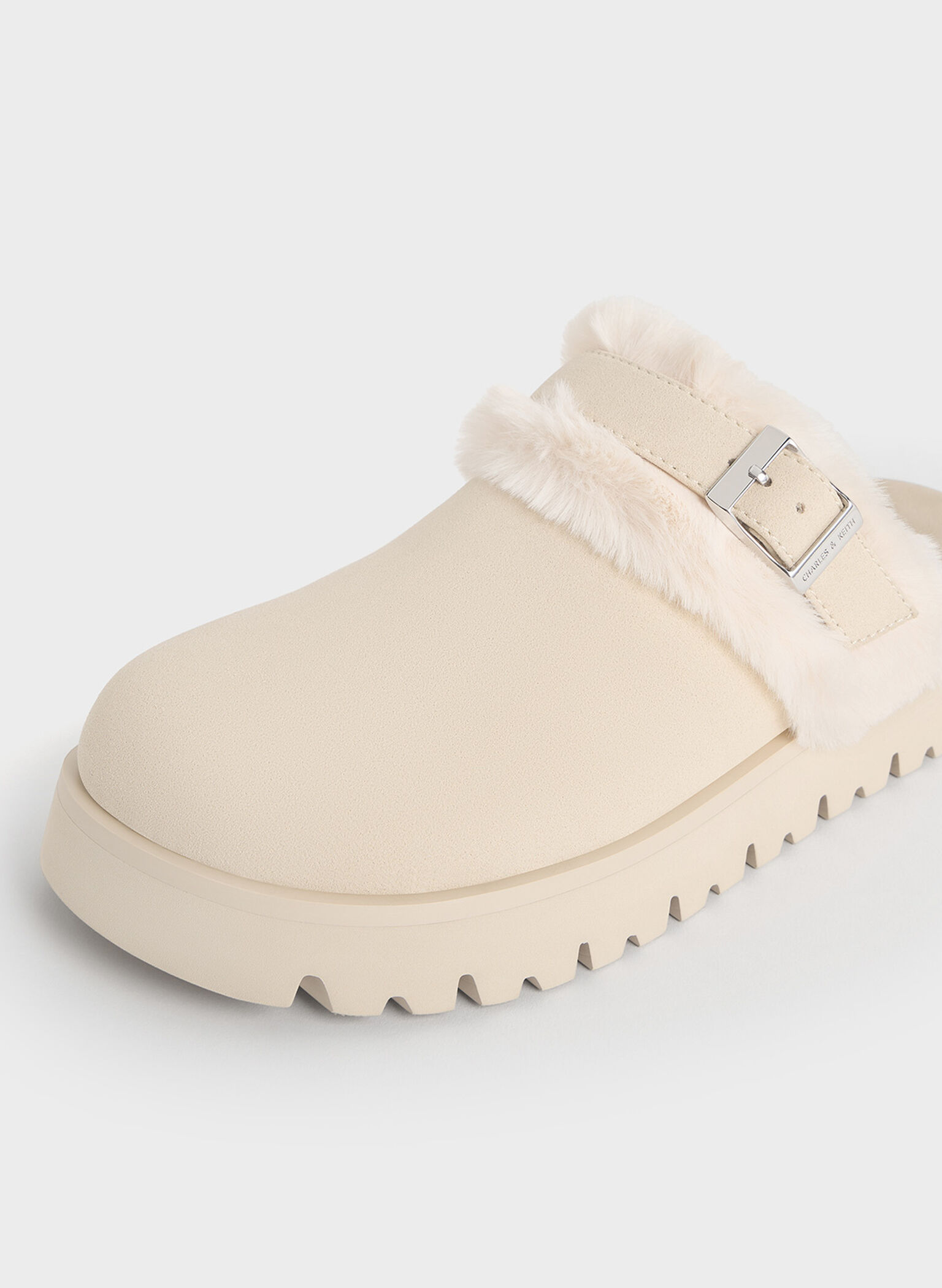 Hannah Textured Fur-Trim Buckled Mules, Beige, hi-res