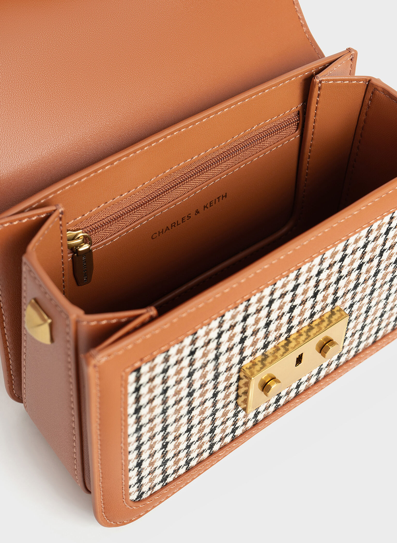 Alva Checkered Front Flap Bag, Cognac, hi-res