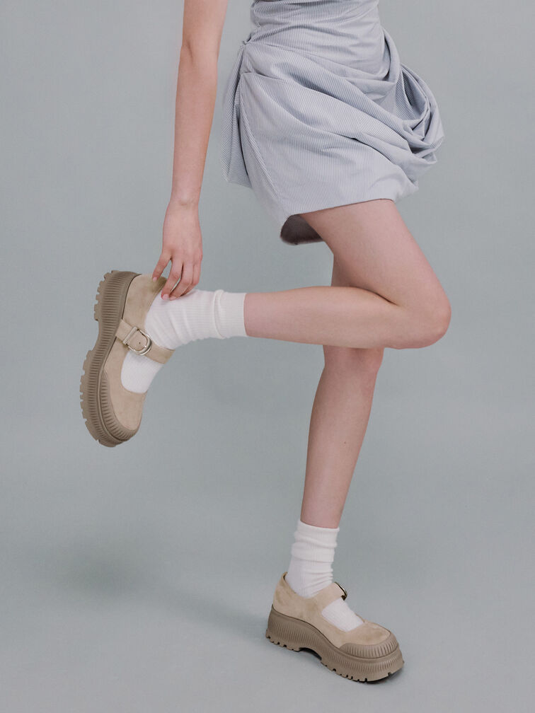 Darra Faux Suede Ridged-Sole Platform Mary Janes, Beige, hi-res