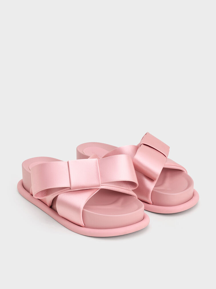 Satin Bow Flatform Sandals, Pink, hi-res