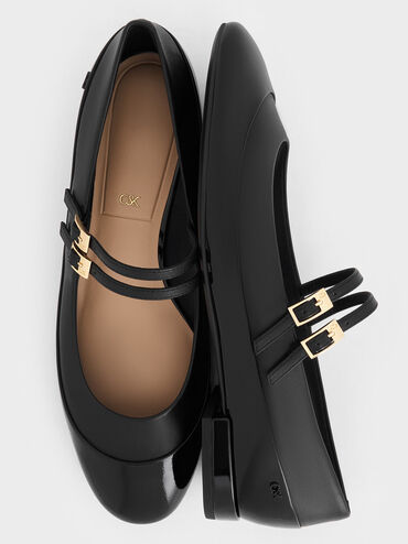 Leather & Patent Double-Strap Mary Jane Flats, Black, hi-res