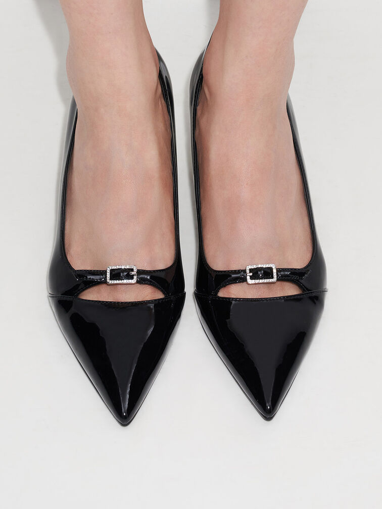 Patent Buckle-Strap Pointed-Toe Pumps, Black Patent, hi-res