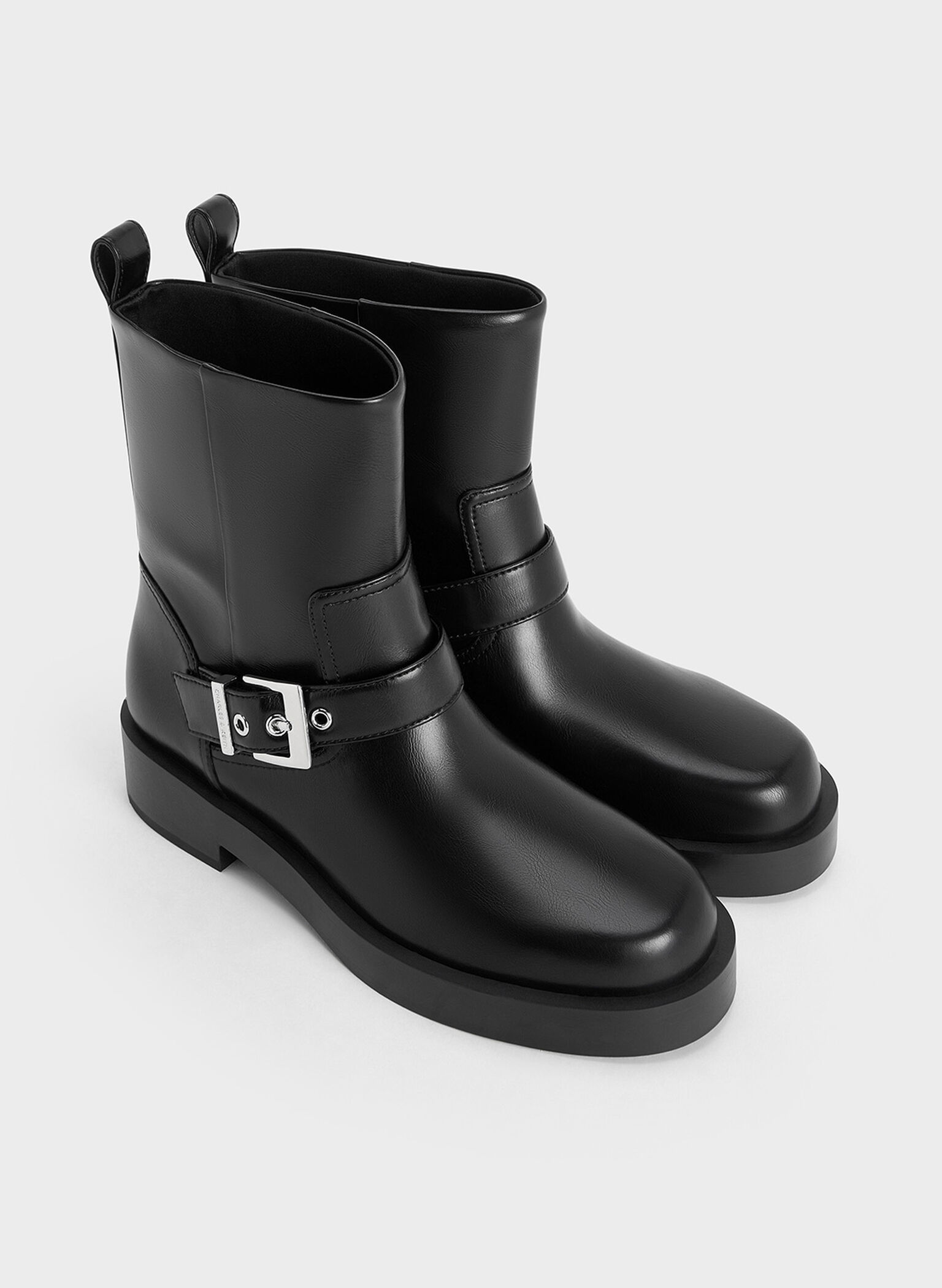 Buckle-Strap Biker Boots, Black, hi-res