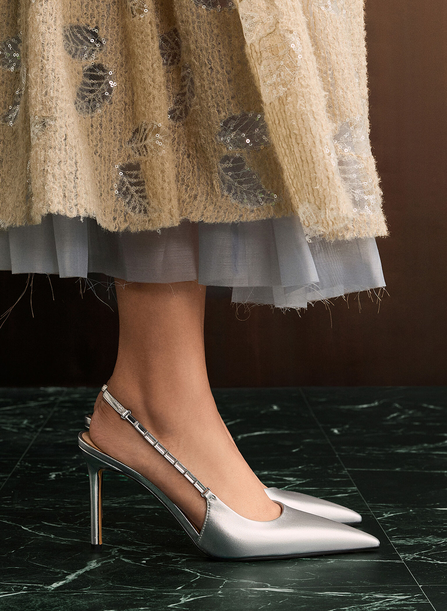 Metallic Embellished-Strap Pointed-Toe Slingback Pumps, Silver, hi-res
