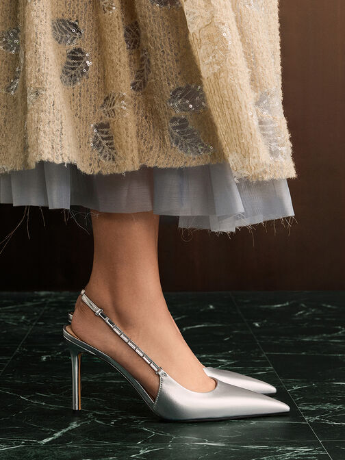 Metallic Embellished-Strap Pointed-Toe Slingback Pumps, Silver, hi-res