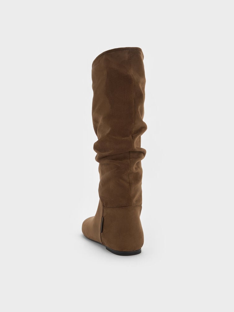 Faux Suede Ruched Knee-High Boots, Brown, hi-res