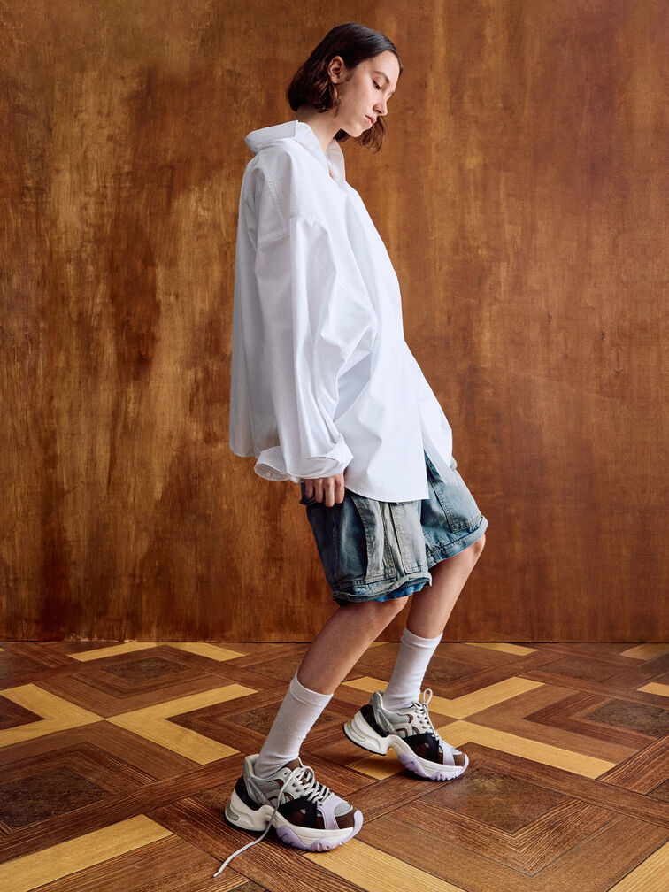 Mesh Contrast-Trim Chunky Sneakers, Brown, hi-res