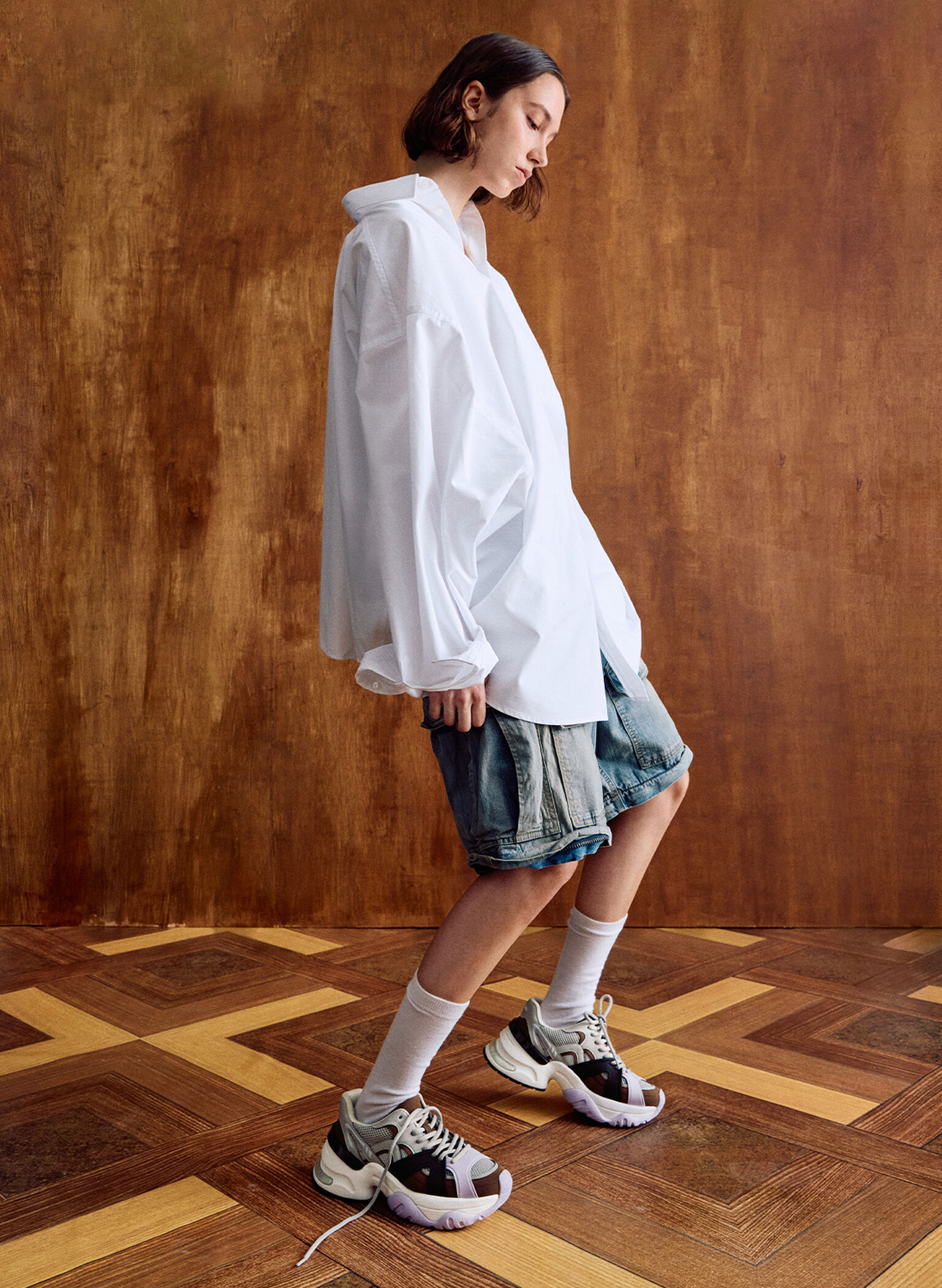 Mesh Contrast-Trim Chunky Sneakers, Brown, hi-res