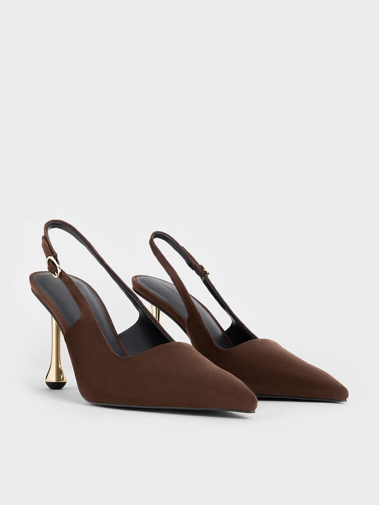Faux Suede Sculptural-Heel Pointed-Toe Pumps, Dark Brown, hi-res