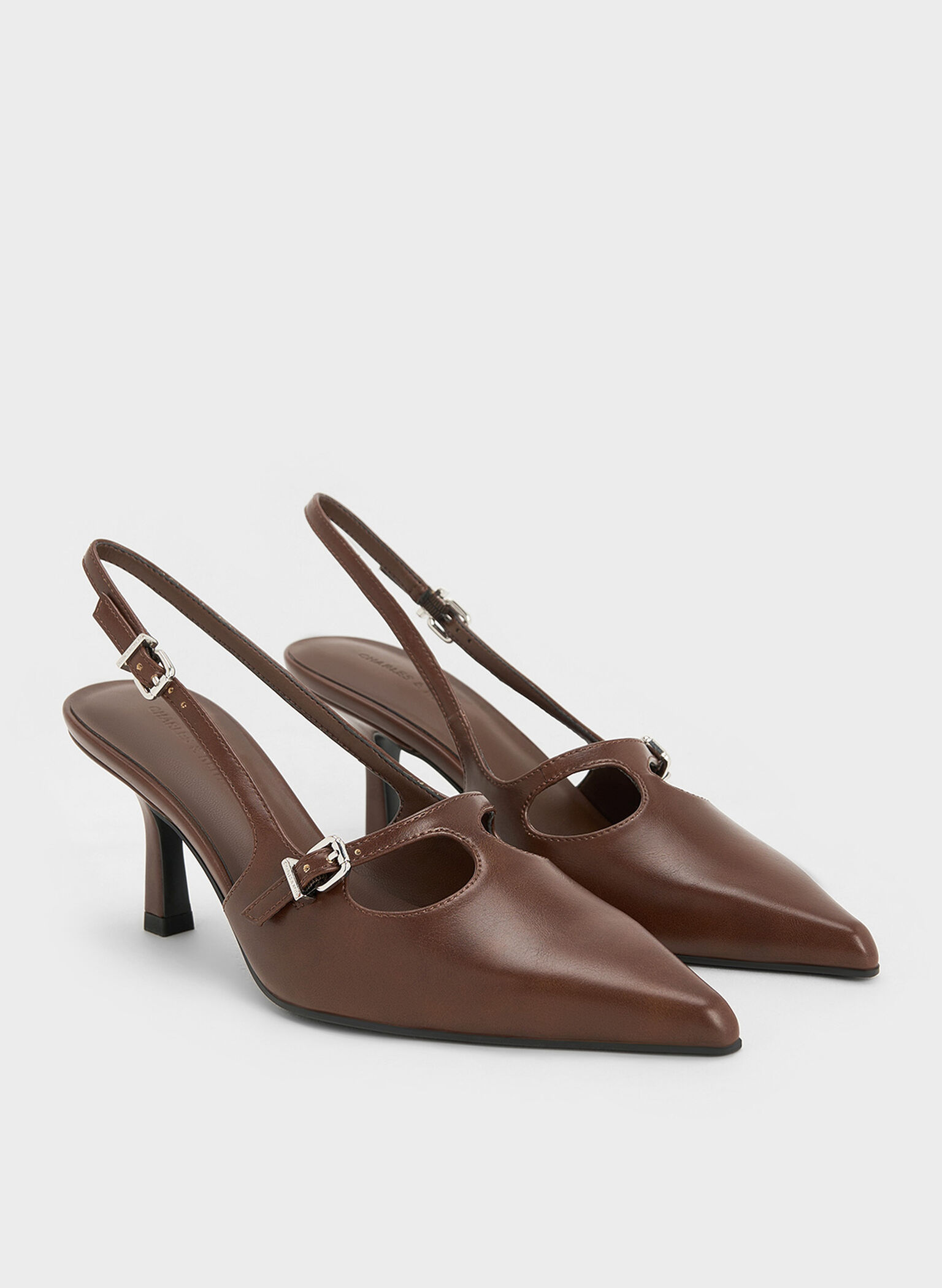 T-Bar Pointed-Toe Slingback Pumps, Brown, hi-res