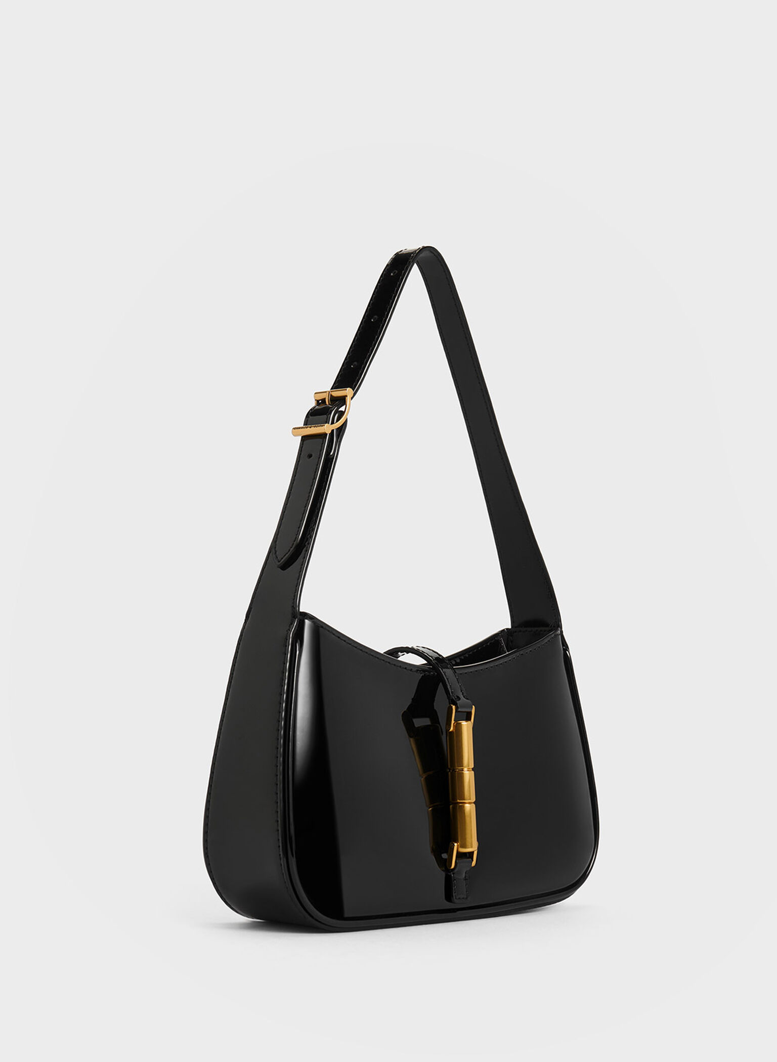 Cesia Patent Metallic Accent Shoulder Bag, Black Patent, hi-res