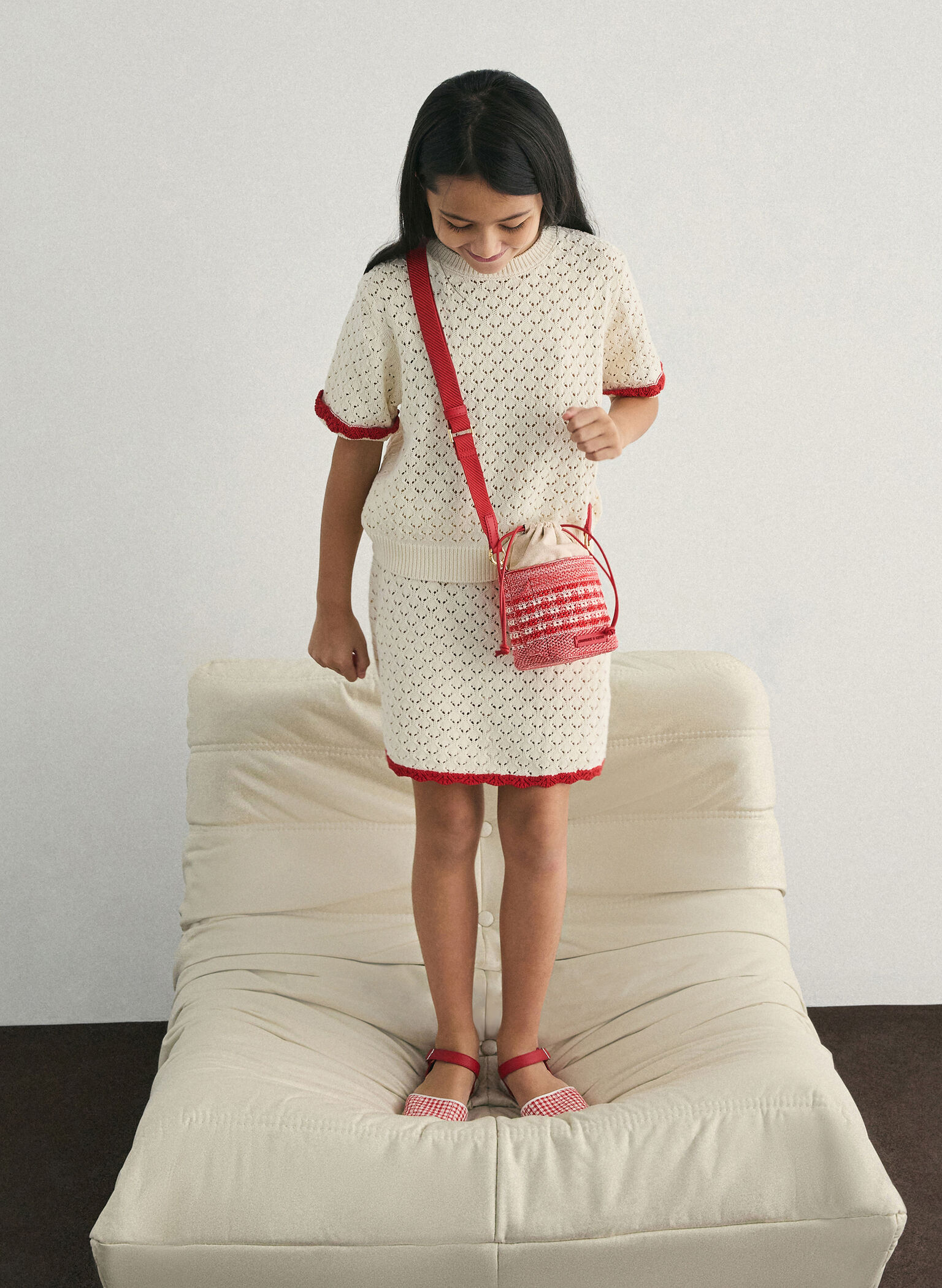 Girls' Ida Knitted Gingham Bucket Bag, Gingham Red, hi-res