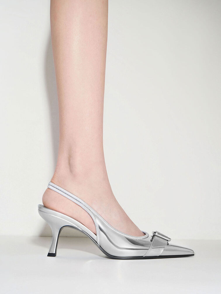 Anita Metallic Buckled Pointed-Toe Slingback Pumps, Silver, hi-res