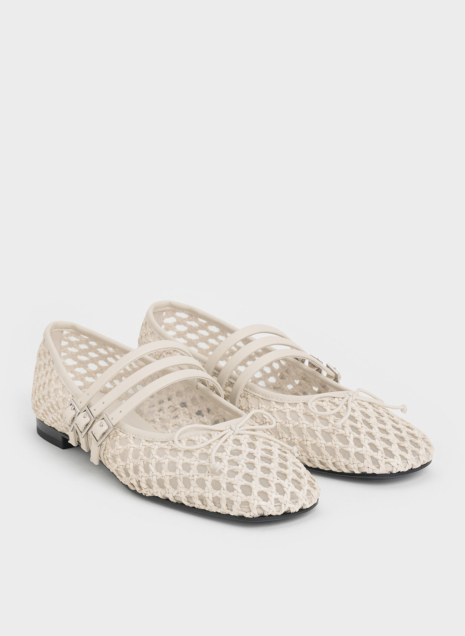 Woven Triple-Strap Mary Janes, Chalk, hi-res