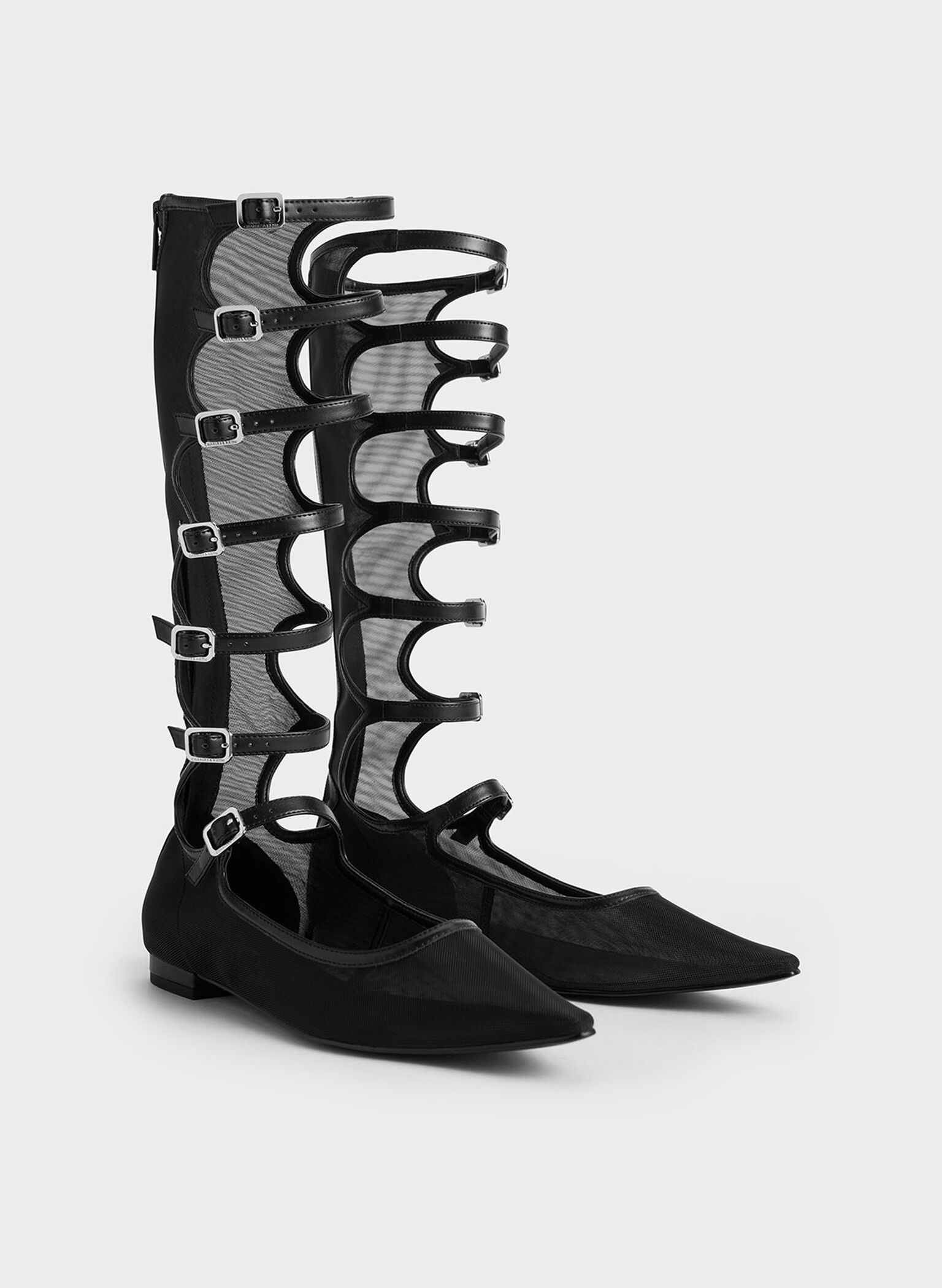 Lyric Mesh Gladiator Pointed-Toe Flats, Black Textured, hi-res