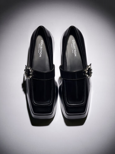 Gem-Embellished Chunky Platform Loafers, Black, hi-res