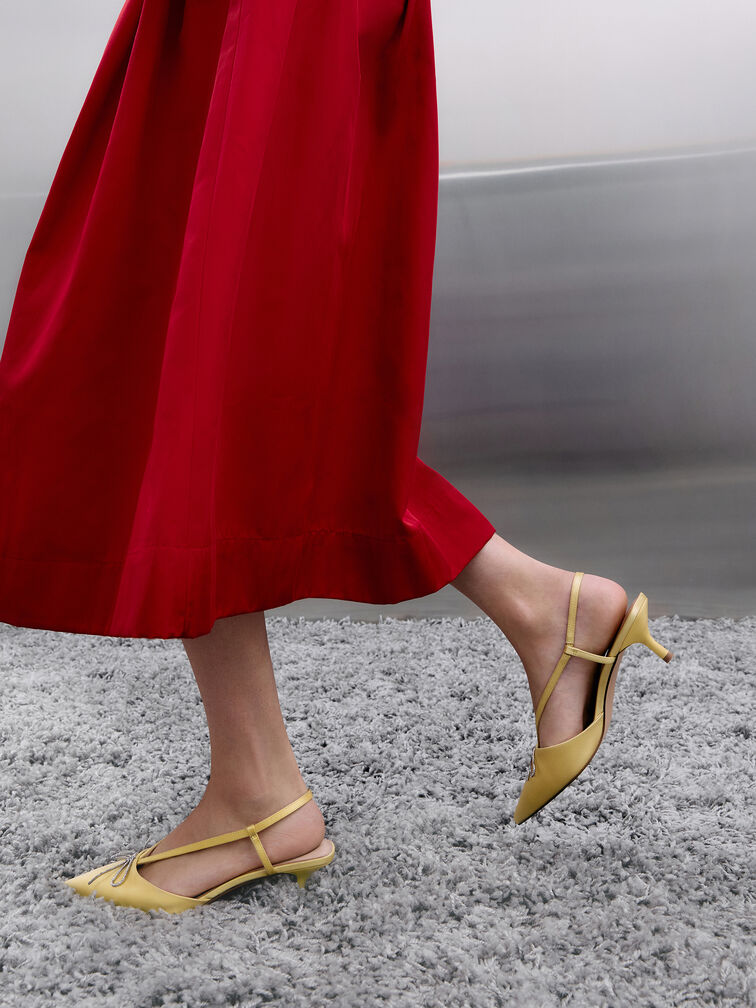 Recycled Polyester Crystal-Bow Kitten-Heel Slingback Pumps, Yellow, hi-res