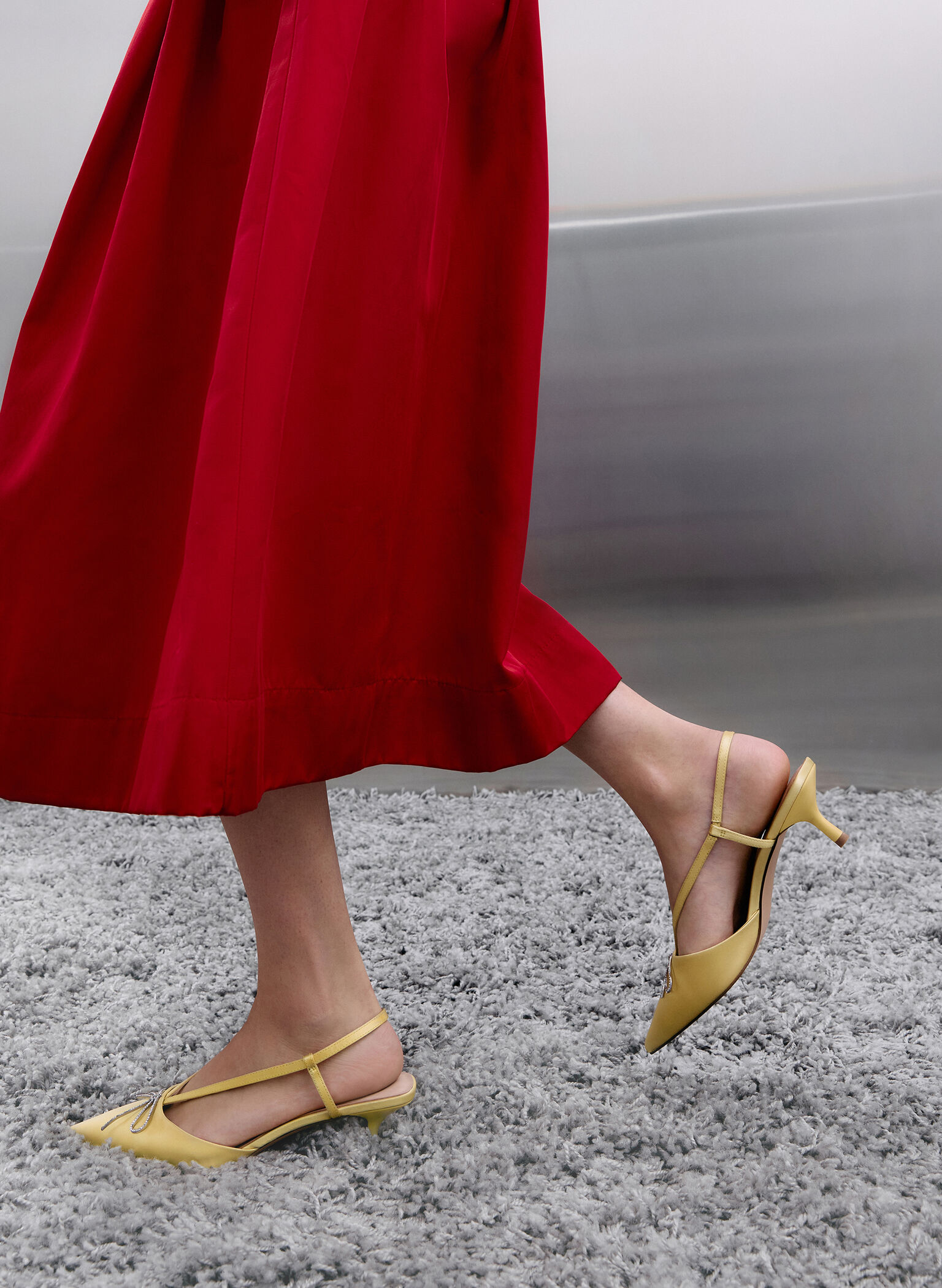 Recycled Polyester Crystal-Bow Kitten-Heel Slingback Pumps, Yellow, hi-res