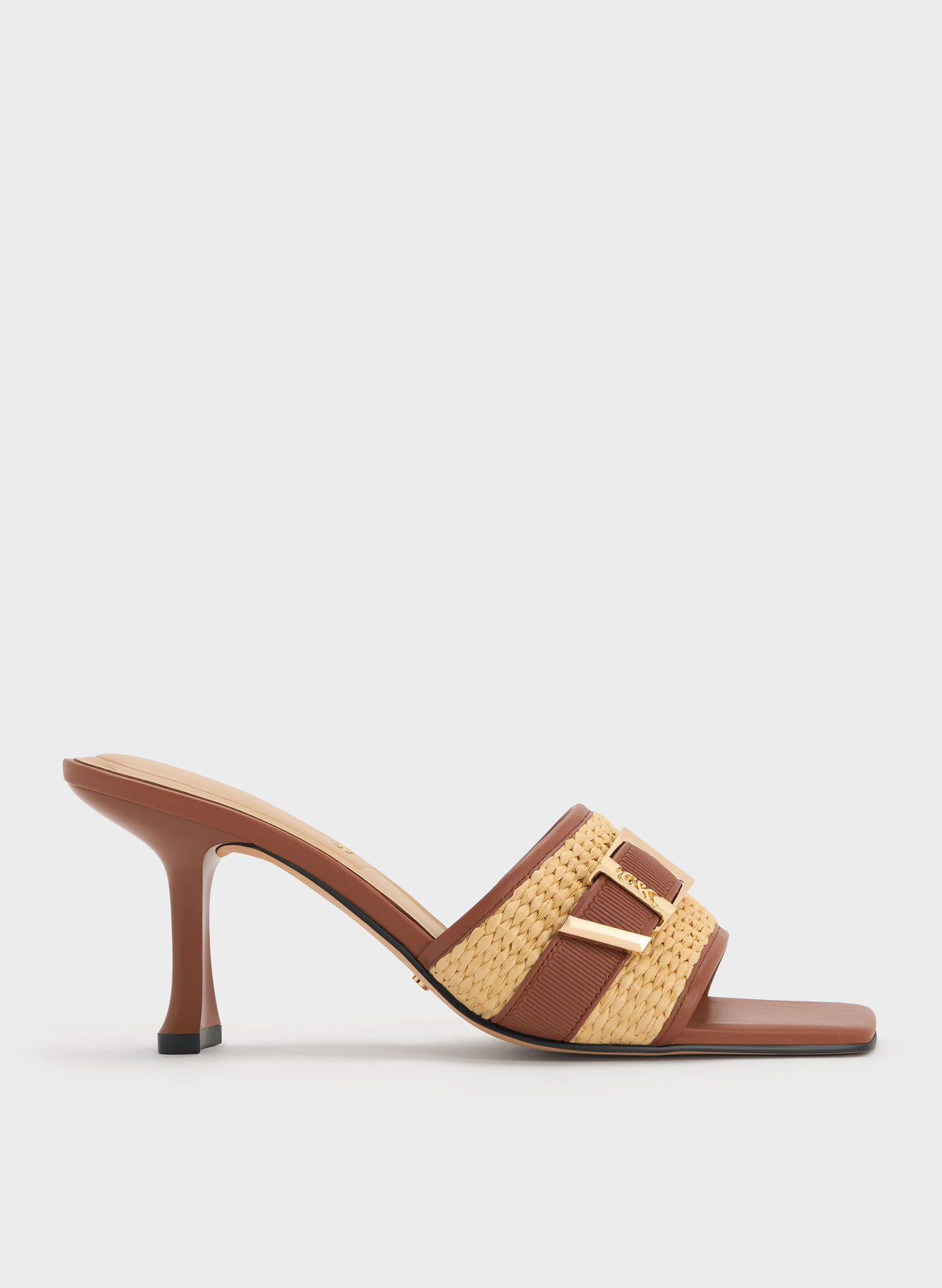 Whitney Leather & Raffia Buckled Heeled Mules, Brown, hi-res