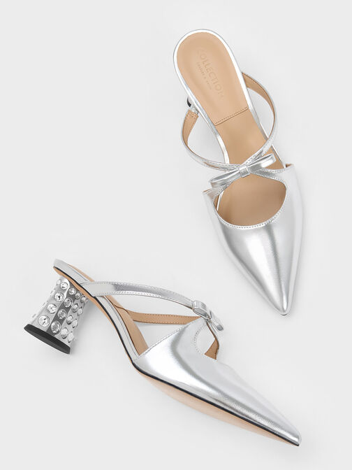 Bow Crossover Gem-Embellished Mules, Silver, hi-res