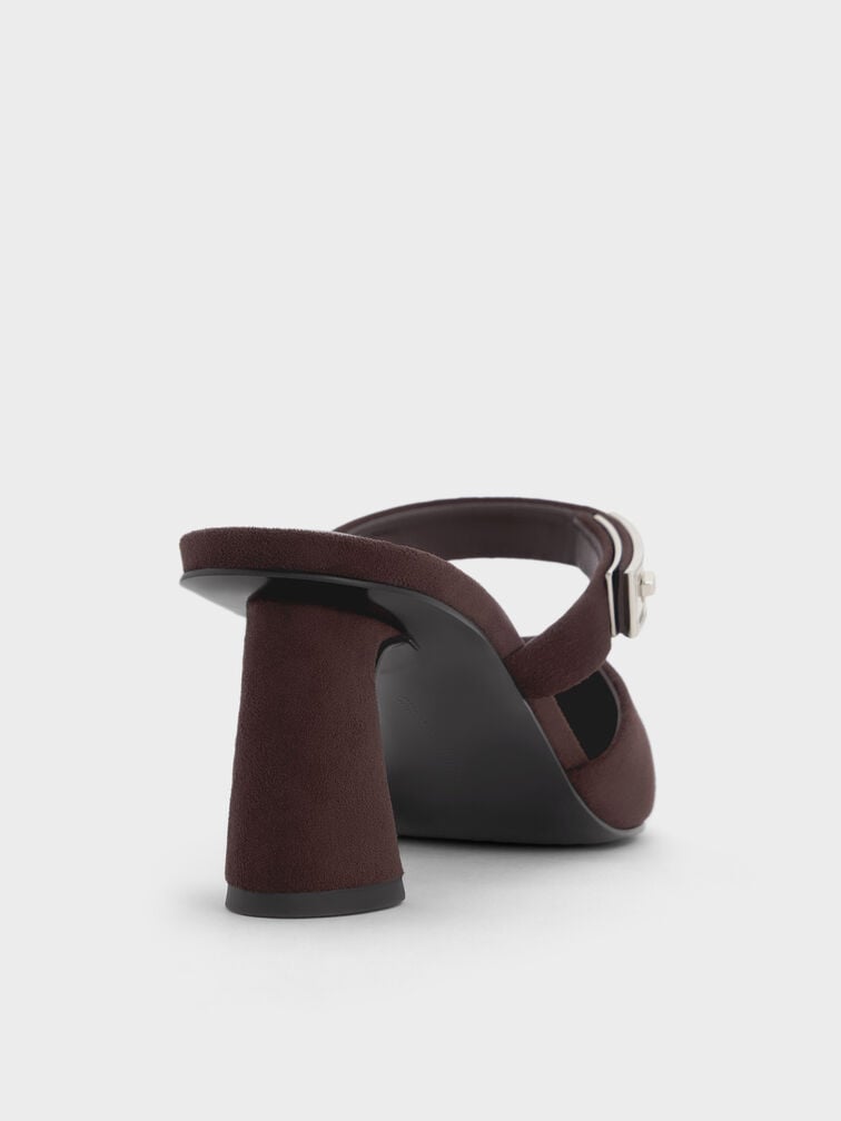 Lando Faux Suede Pointed-Toe Metallic-Buckle Heeled Mules, Dark Brown Textured, hi-res