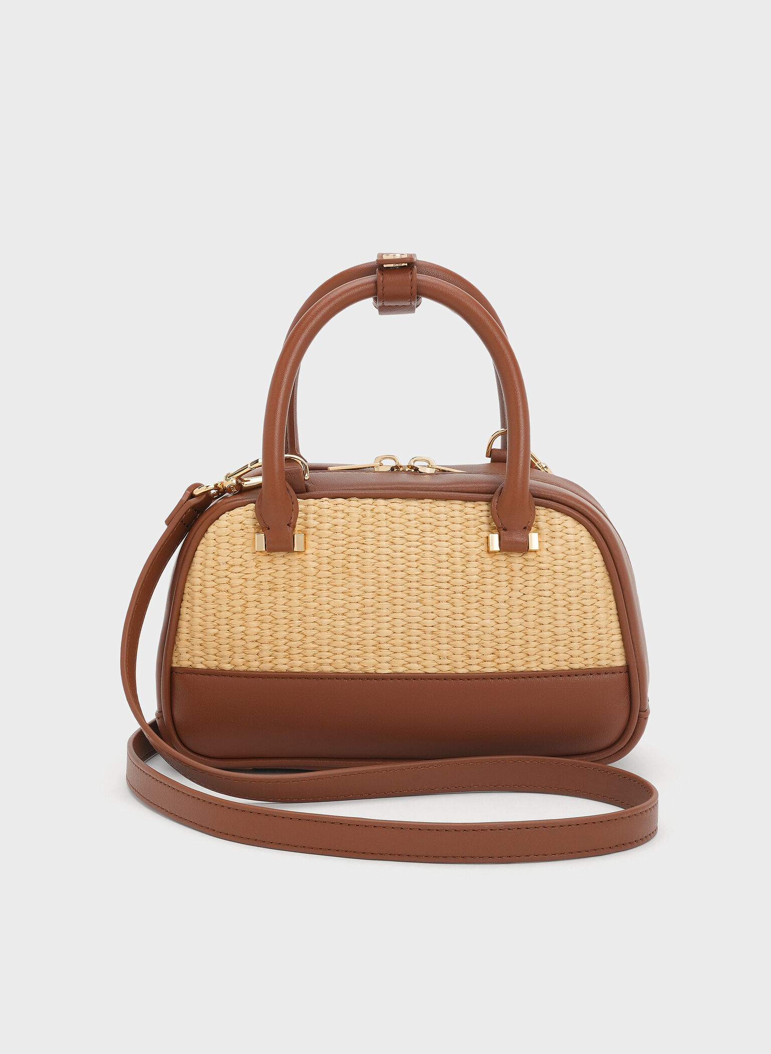 Leather & Raffia Bowling Bag, Neutral Raffia, hi-res