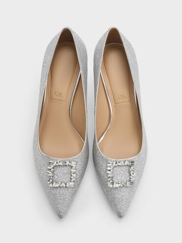 Ever Glittered Gem-Embellished Kitten Heel Pumps, Silver, hi-res
