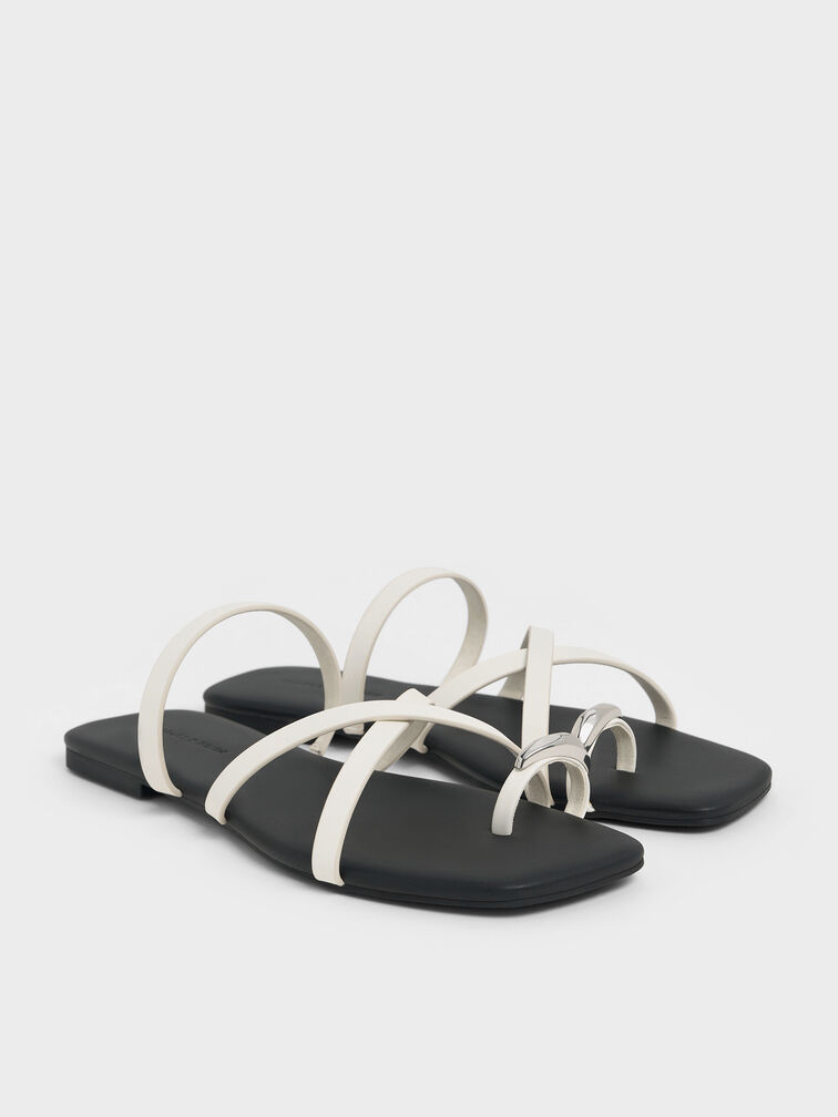 Metallic-Accent Strappy Toe-Ring Sandals, Chalk, hi-res