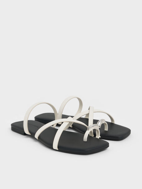 Metallic-Accent Strappy Toe-Ring Sandals, Chalk, hi-res