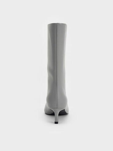Elongated Tapered-Toe Kitten-Heel Calf Boots, Grey, hi-res